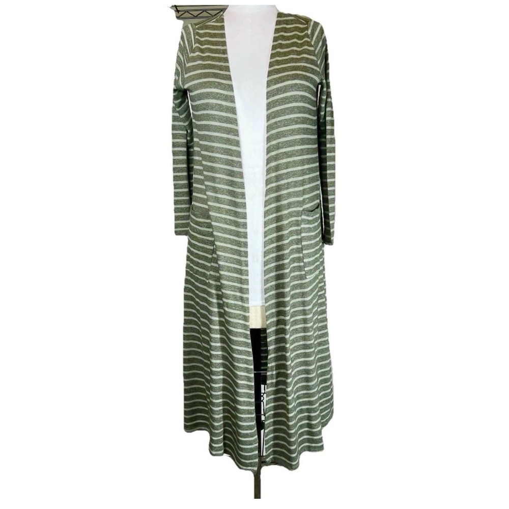 Lularoe Duster or long cardigan Green & white striped long sleeves womens‎ sz XS